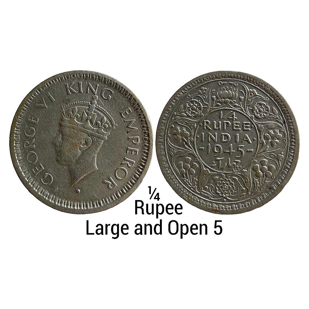 British India George VI 1945 AD Bombay Mint dot Large and Open 5 Half Silver 1/4 Rupee