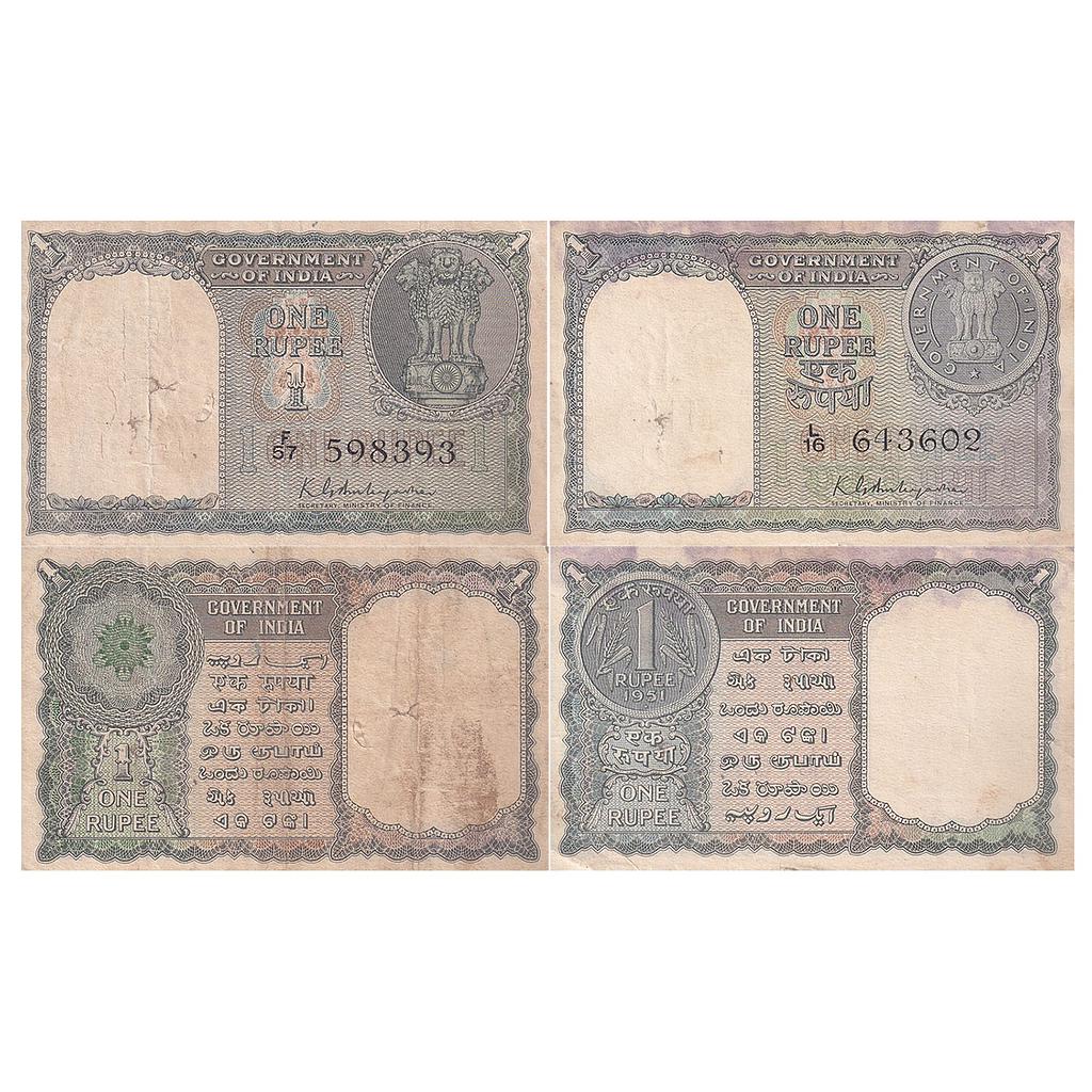 India, Government of India Set of 2 Notes K. G. Ambegaonkar Year - 1950 &amp; 1951 Serial No. F57 598393 Serial No. L16 643602 Watermark - Ashoka Pillar 1 Rupee