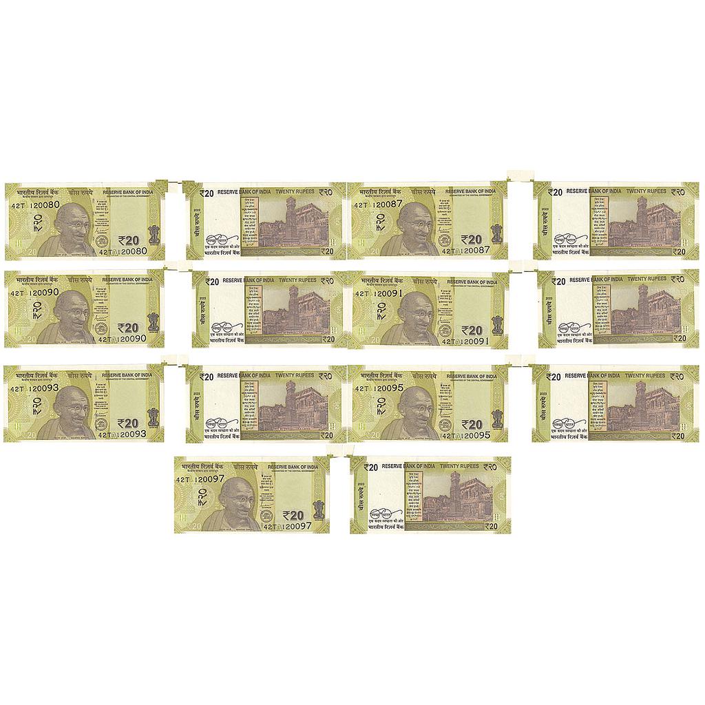 India Reserve Bank of India A group of 7 Notes signed by Shaktikanta Das inset A Error extra paper and an uneven cut in top right corner 20 Rupees