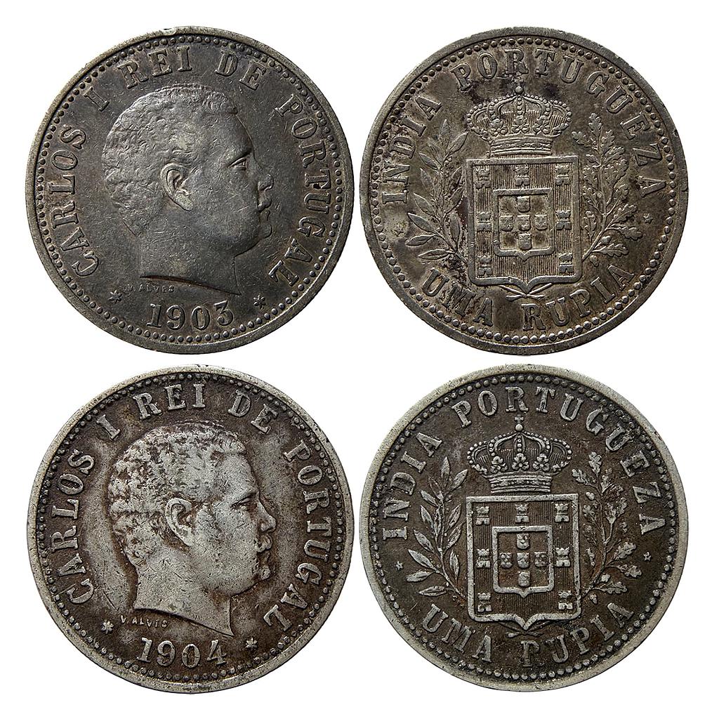 Indo Portuguese Goa Carlos I Set of 2 Coins Silver Uma Rupia Rupee
