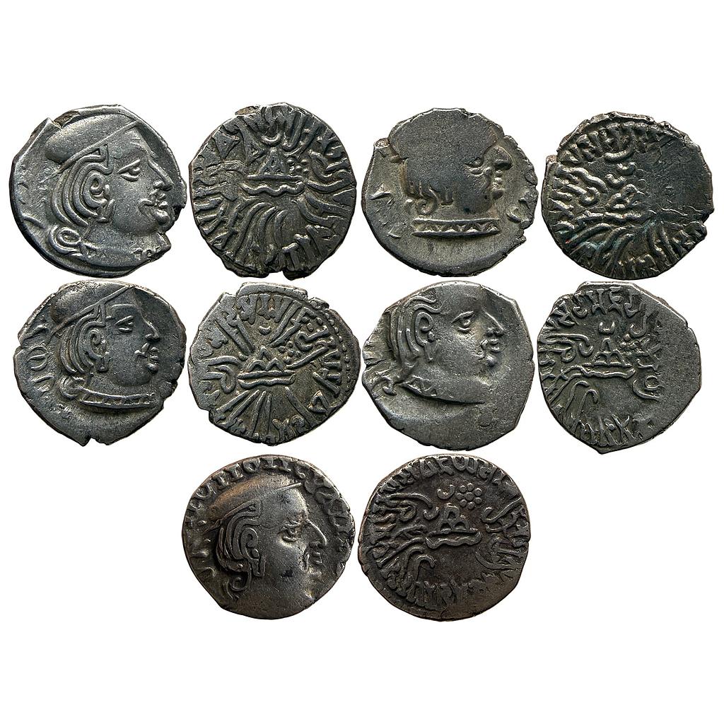 Ancient Western Kshatrapas Kardamaka Family Set of 5 Coins Five Different Rulers Vishwasimha Bhatrudamnah Rudrasena Damajadashri and Vijayasena Silver Dramma