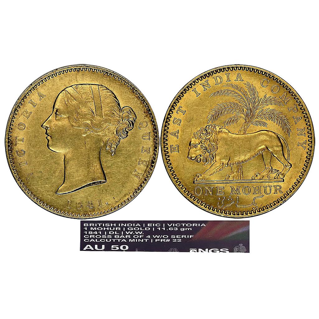 EIC Victoria Queen 1841 AD Calcutta Mint type II Small Legend Variety Divided legend WW incused on truncation cross bar of numeral 4 in date without serif Gold Mohur