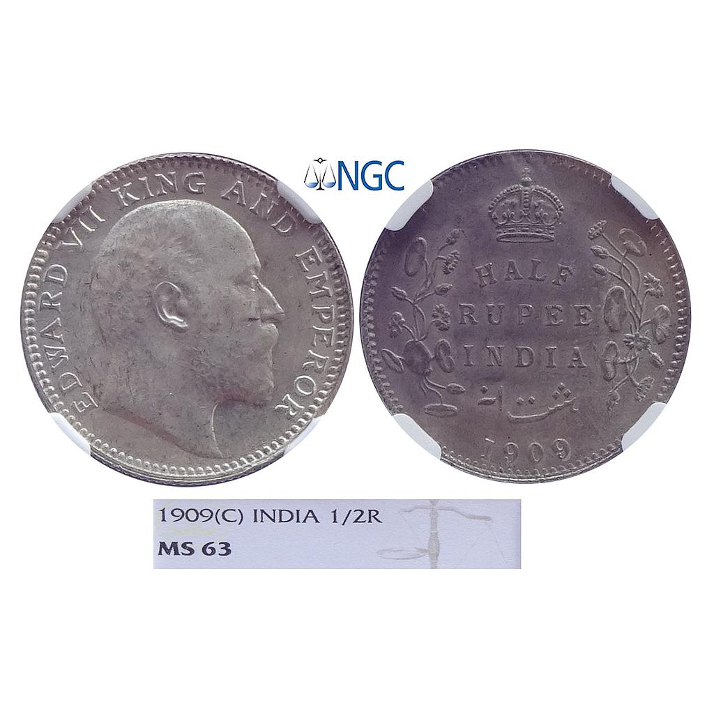 British India Edward VII 1909 AD Calcutta Mint Silver 1/2 Rupee
