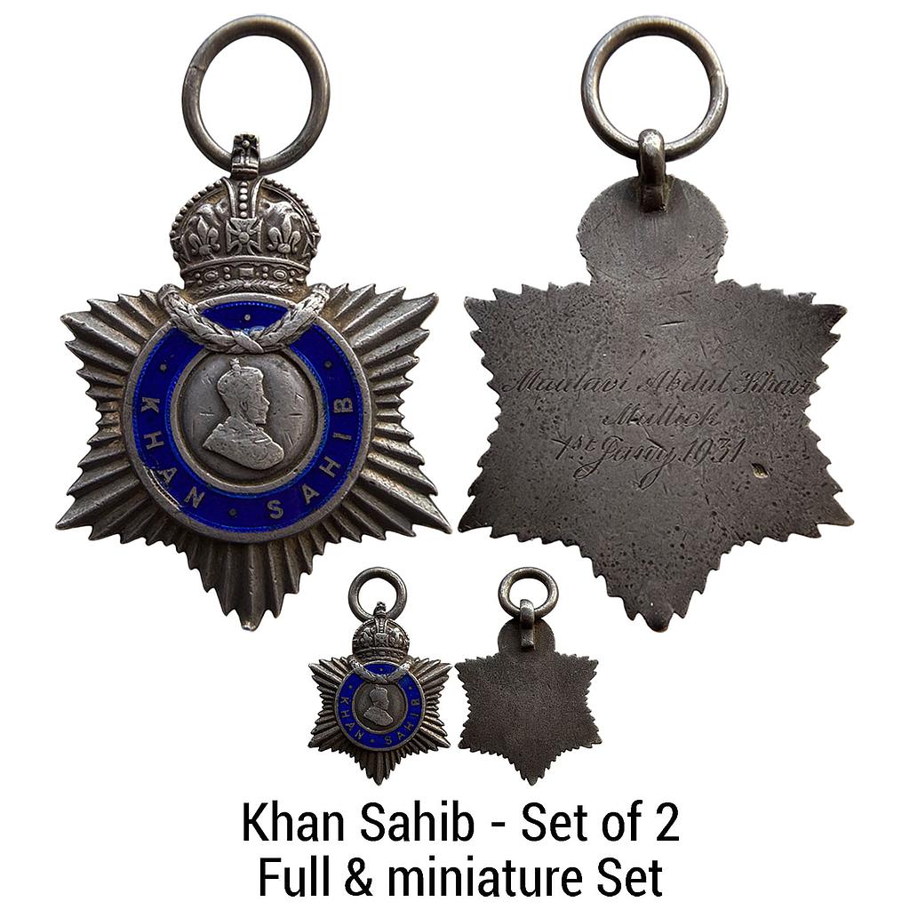 British India George V Khan Sahib along with a miniature awarded to Maulavi Abdul Khair Mullick Set of 2 Silver Indian Title Badge