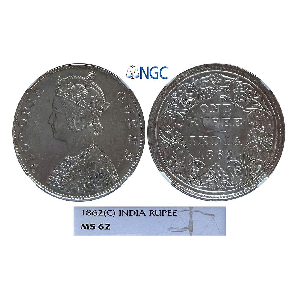 British India Victoria Queen 1862 AD Madras Mint B / II Silver Rupee