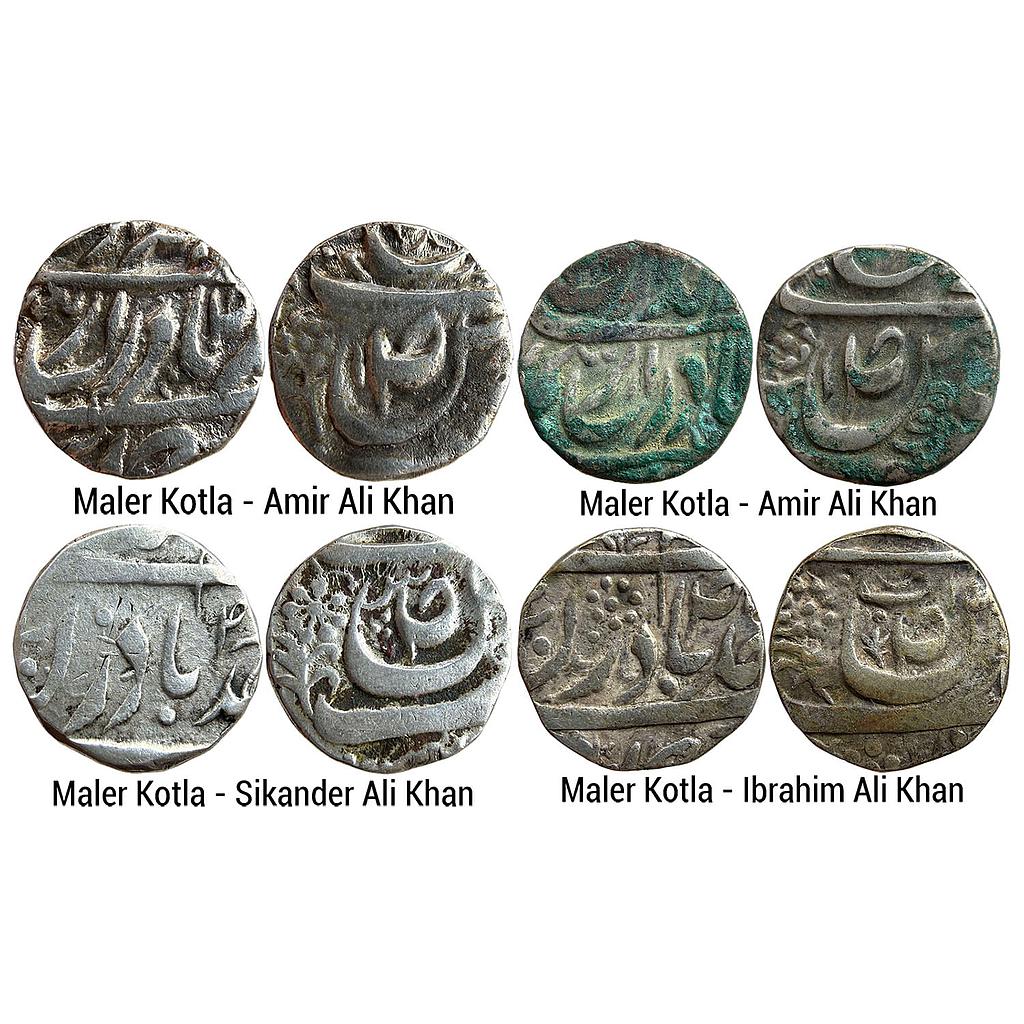 IPS Cis-Sutlej States Maler Kotla Amir Ali Khan Sikander Ali Khan Nawab Muhammad Ibrahim Ali Khan Bahadur Set of 4 Coins Silver Rupee