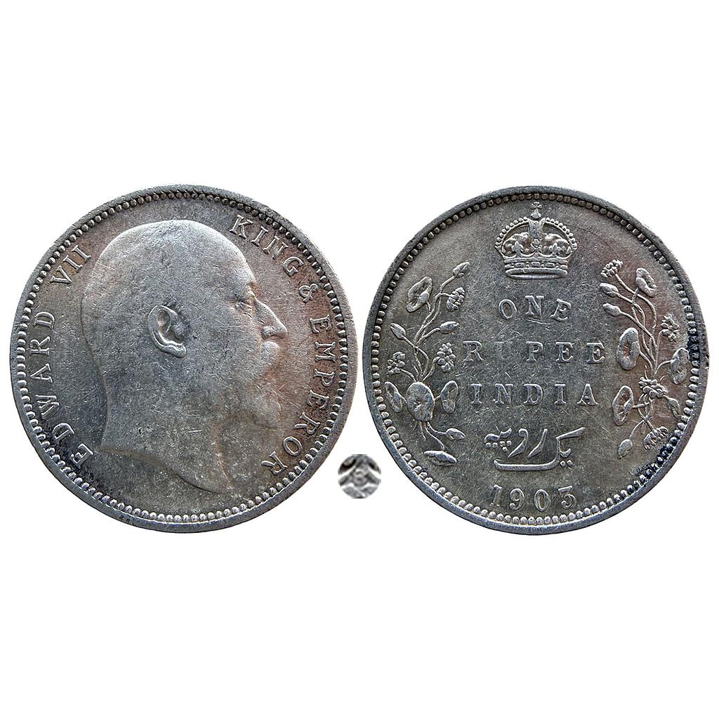 British India Edward VII 1903 AD Bombay Mint B raised below the cross pattee and without dot on the vine Silver Rupee