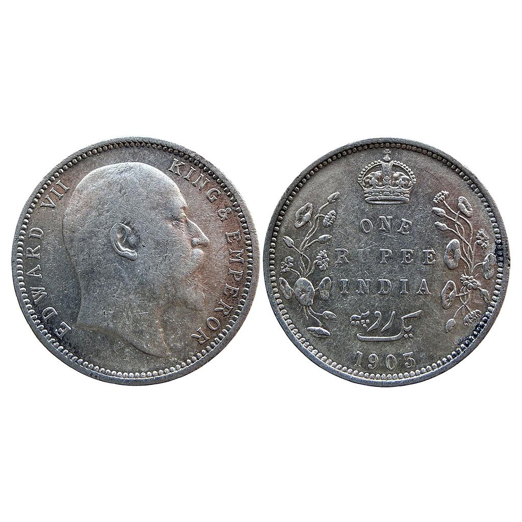 British India Edward VII 1903 AD Bombay Mint B raised below the cross pattee and without dot on the vine Silver Rupee