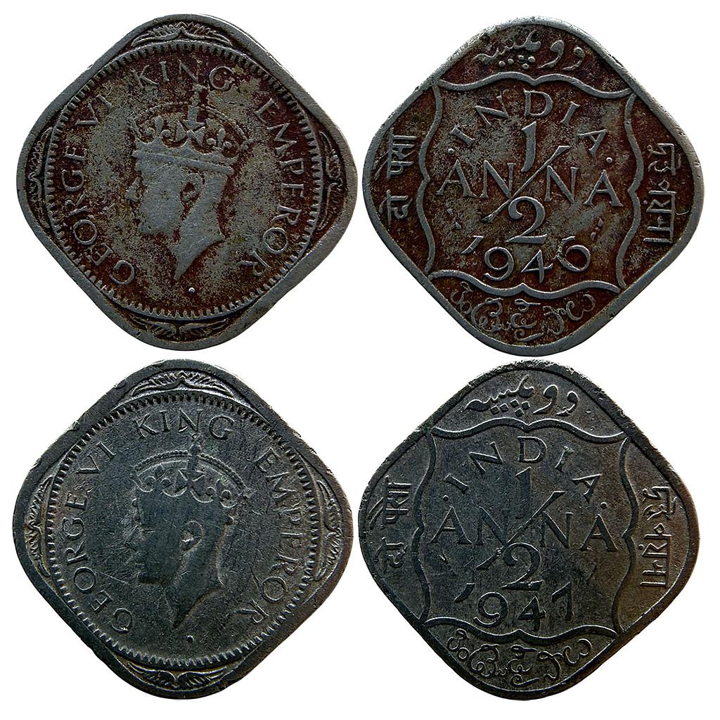 British India George VI 1946 AD 1947 AD Set of 2 Coins Cupro-Nickel 1/2 Annas