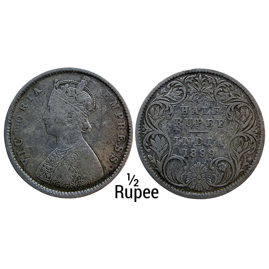 British India Victoria Empress 1899 AD Bombay Mint Obv A Rev I B incuse Inverted B Silver 1/2 Rupee