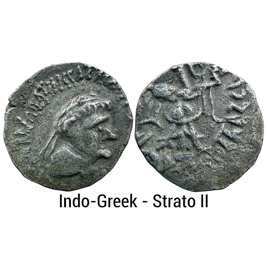 Ancient Indo-Greeks Strato II with III Silver Drachm