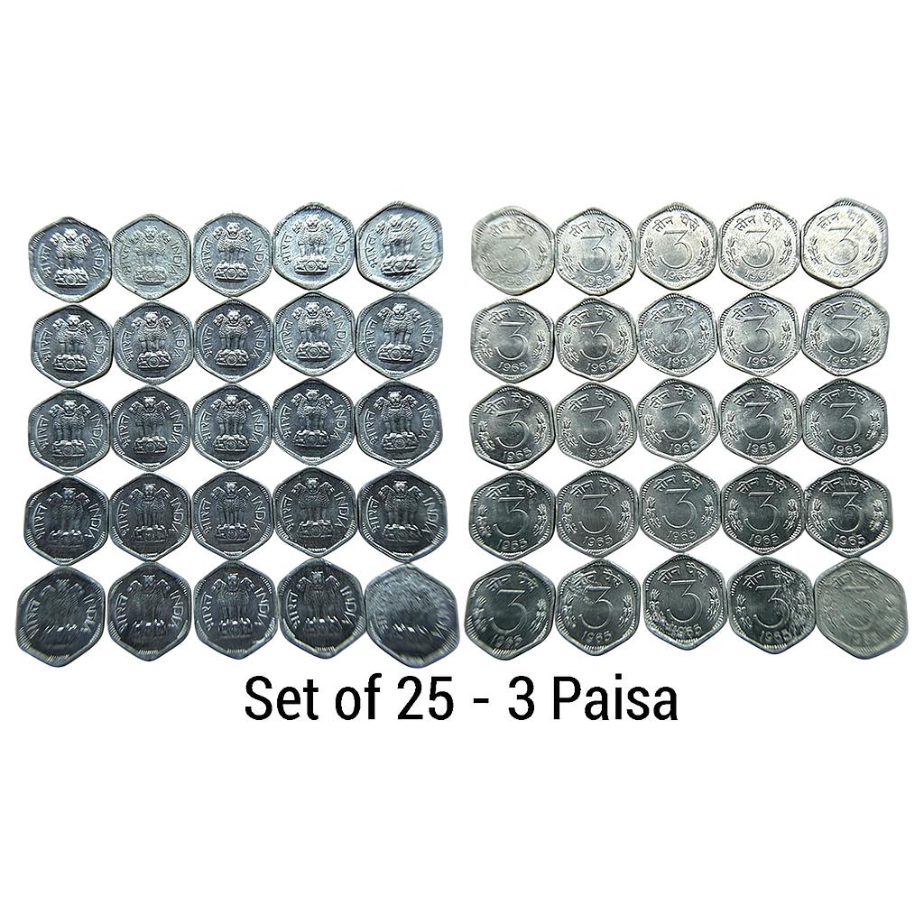 Republic India Set of 25 Coins 1965 AD Calcutta Mint Aluminium 3 Paise