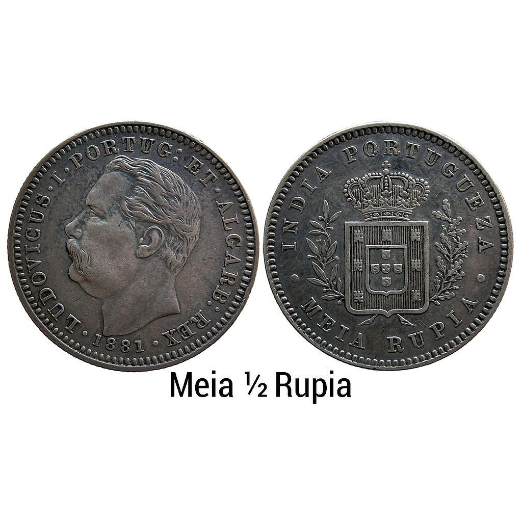 Indo Portuguese Goa Luiz I Ludwig 1881 AD Silver (.920) 1/2 Rupia Meia Rupia