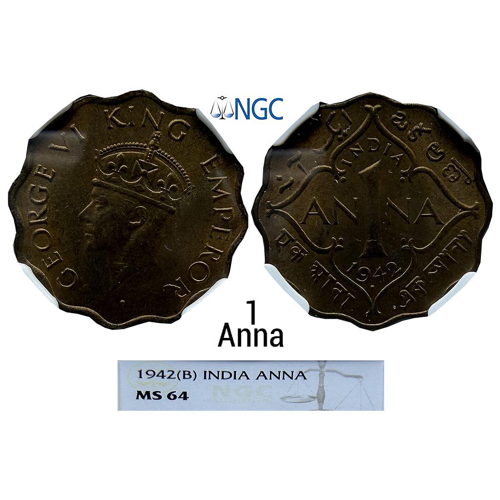 British India George VI 1942 AD Bombay Mint Dot Head Type II. F. Nickel-Brass 1 Anna