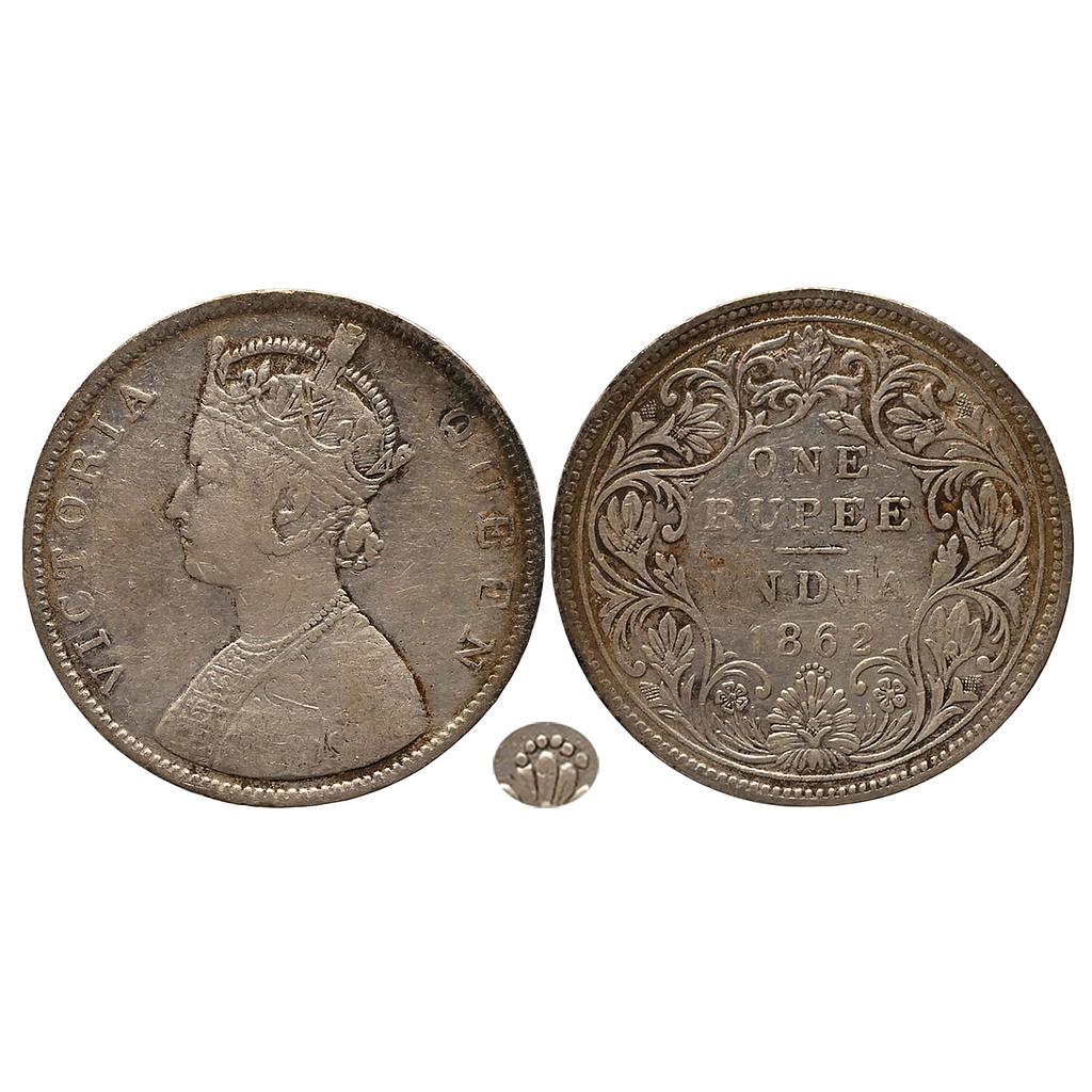 British India Victoria Queen 1862 AD Bombay Mint Obv B Rev II 0/6 Dot Silver Rupee