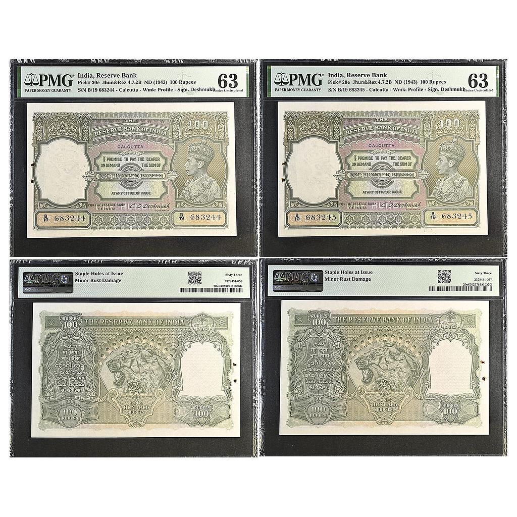 India Reserve Bank of India George VI Calcutta signed by C. D. Deshmukh Set of 2 Consecutive Notes 100 Rupees