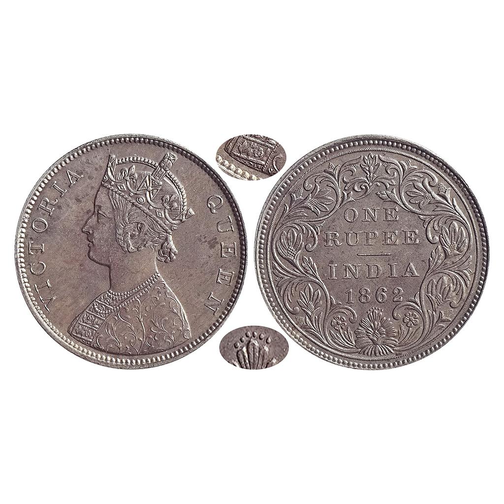 British India Victoria Queen 1862 AD Bombay Mint B / II / 0 / 6 Silver Rupee