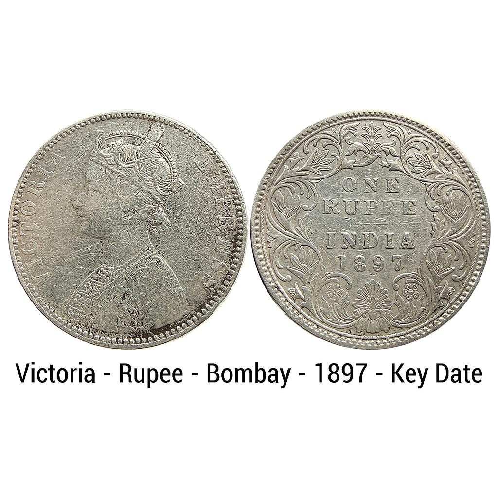British India Victoria Empress 1897 AD Bombay Mint Bust C2 Rev I B incuse Silver Rupee