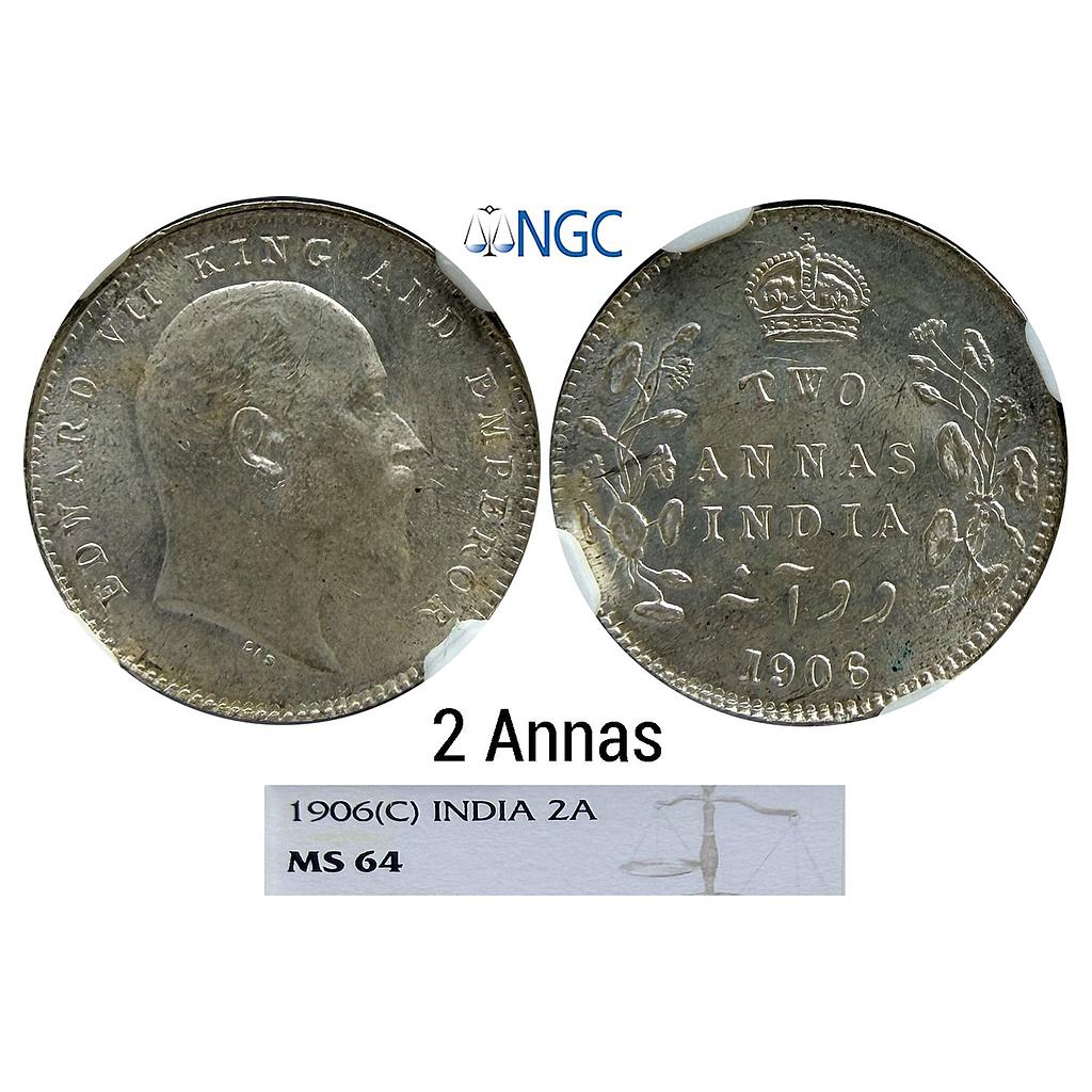 British India Edward VII 1906 AD Calcutta Mint No mint mark Silver 2 Annas