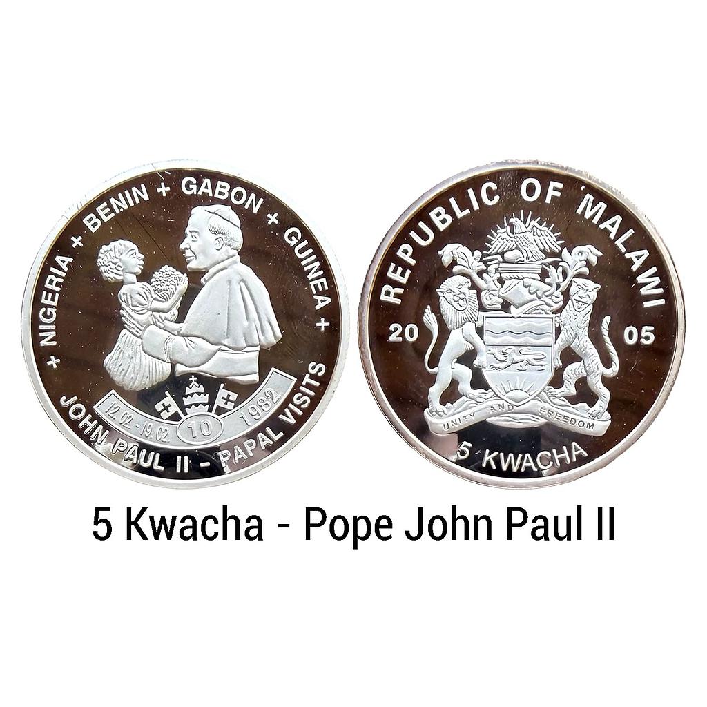 Malawi Commemorative Issue Papal visits to Africa 1982 Pope John Paul II Copper-nickel 5 Kwacha