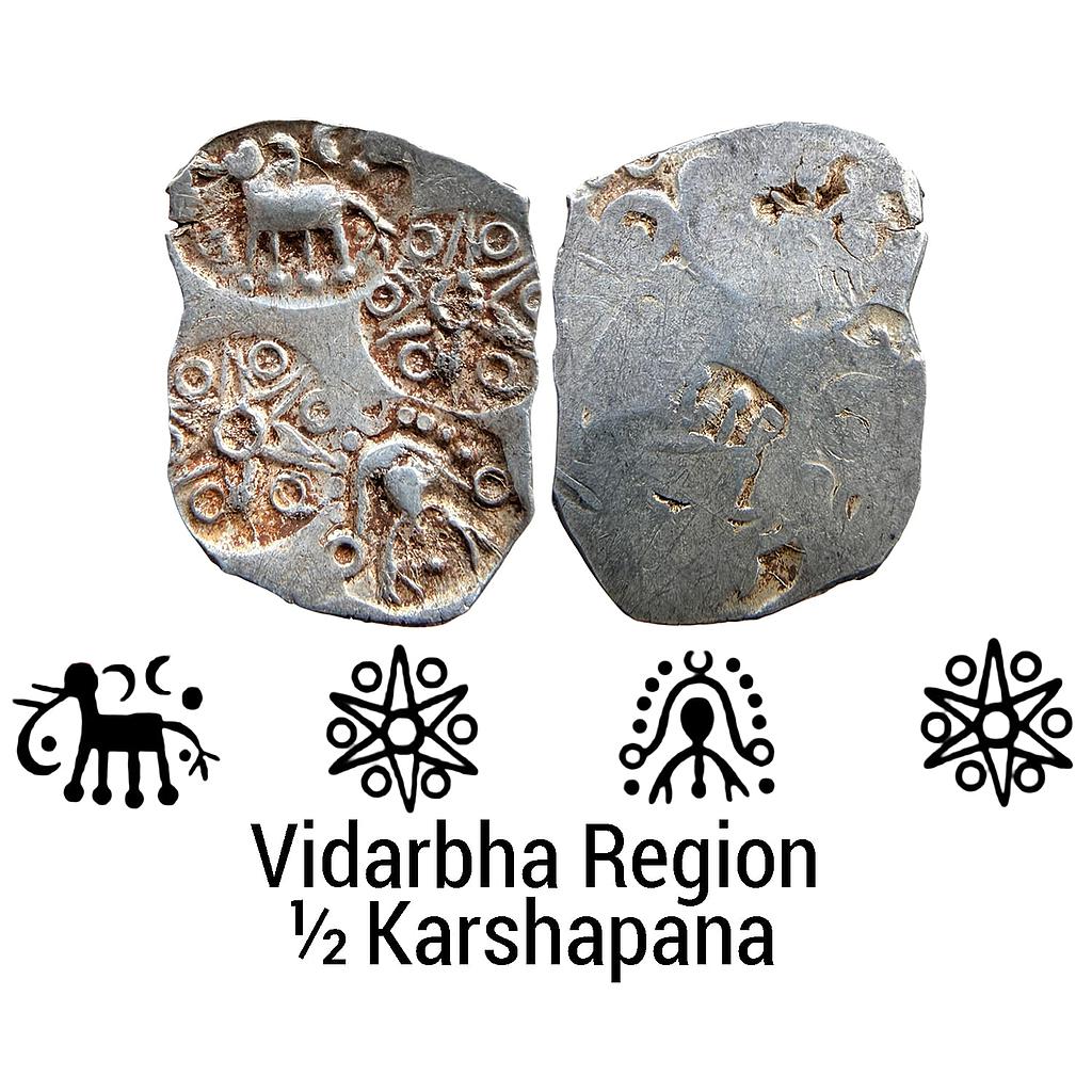 Ancient  Punch Marked Coinage Northern Vidarbha Melghat Region  Makhala Hoard type Silver 1/2 Karshapana
