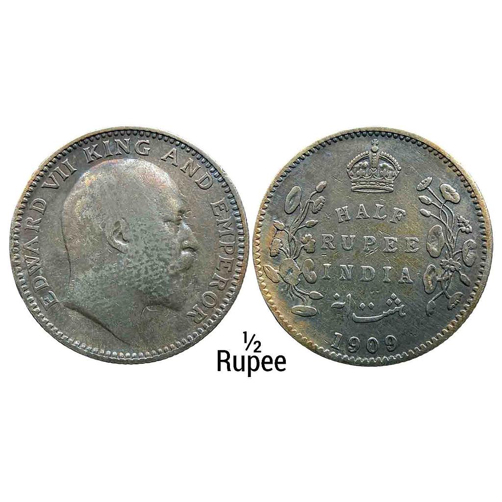 British India Edward VII 1909 AD Calcutta Mint No mint mark Silver 1/2 Rupee