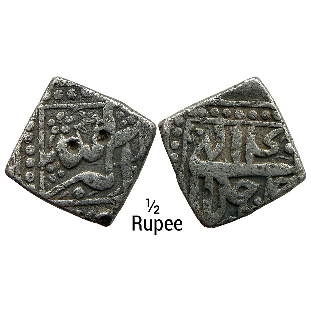 Mughal Akbar Mintless &amp; Monthless Type Jalla Jalalahu Silver Square 1/2 Rupee