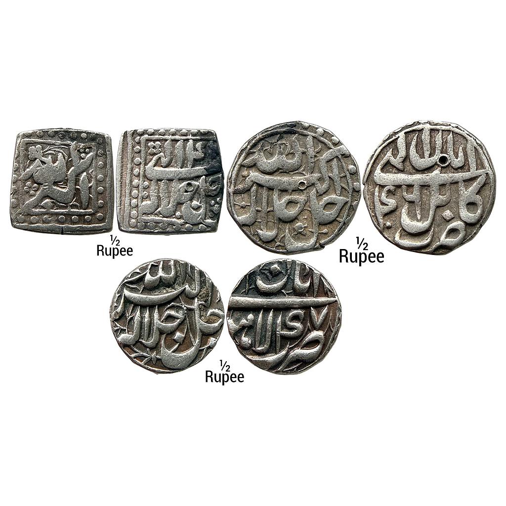 Mughal Akbar Mintless &amp; Monthless Type Kabul Mint Lahore Mint Ilahi type Month Aban Scorpio Set of 3 Coins Silver 1/2 Rupee