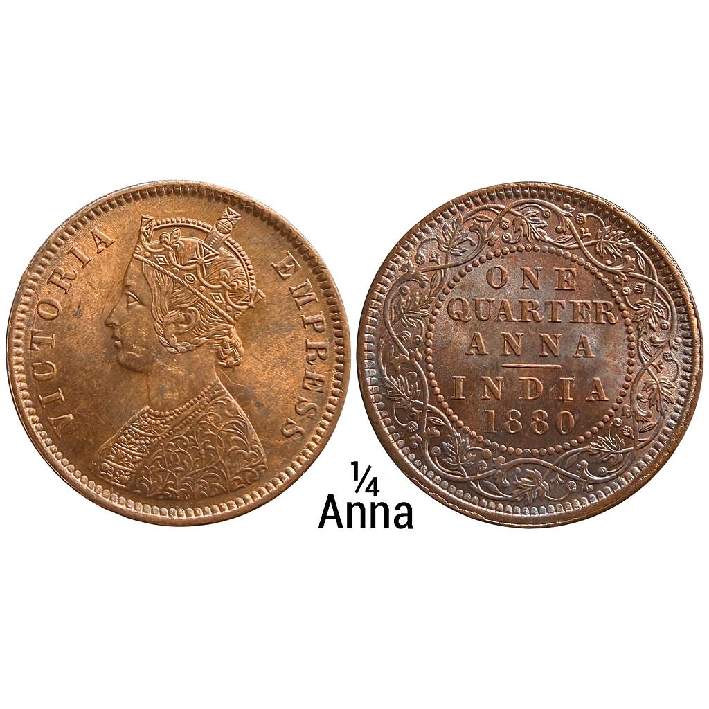 British India Victoria Empress 1880 AD Calcutta Mint B II Copper 1/4 Anna