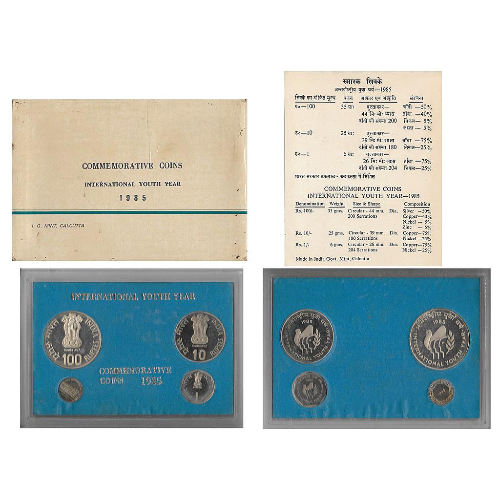 Republic India, 1985 Proof Set, International Youth Year, Set of 3 coins, Rupee 1, 10, 100