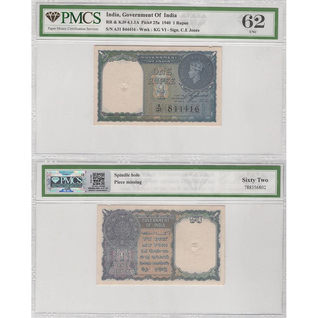 British India Government of India 1 Rupee C. E. Jones Year - 1940 Serial No. A31 844416
