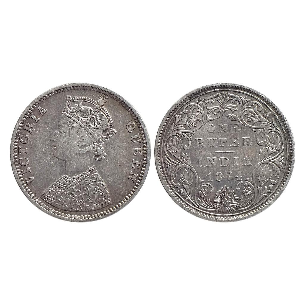 British India Victoria Queen 1874 AD Obv C1 Rev II No mint mark Bombay Mint Silver Rupee