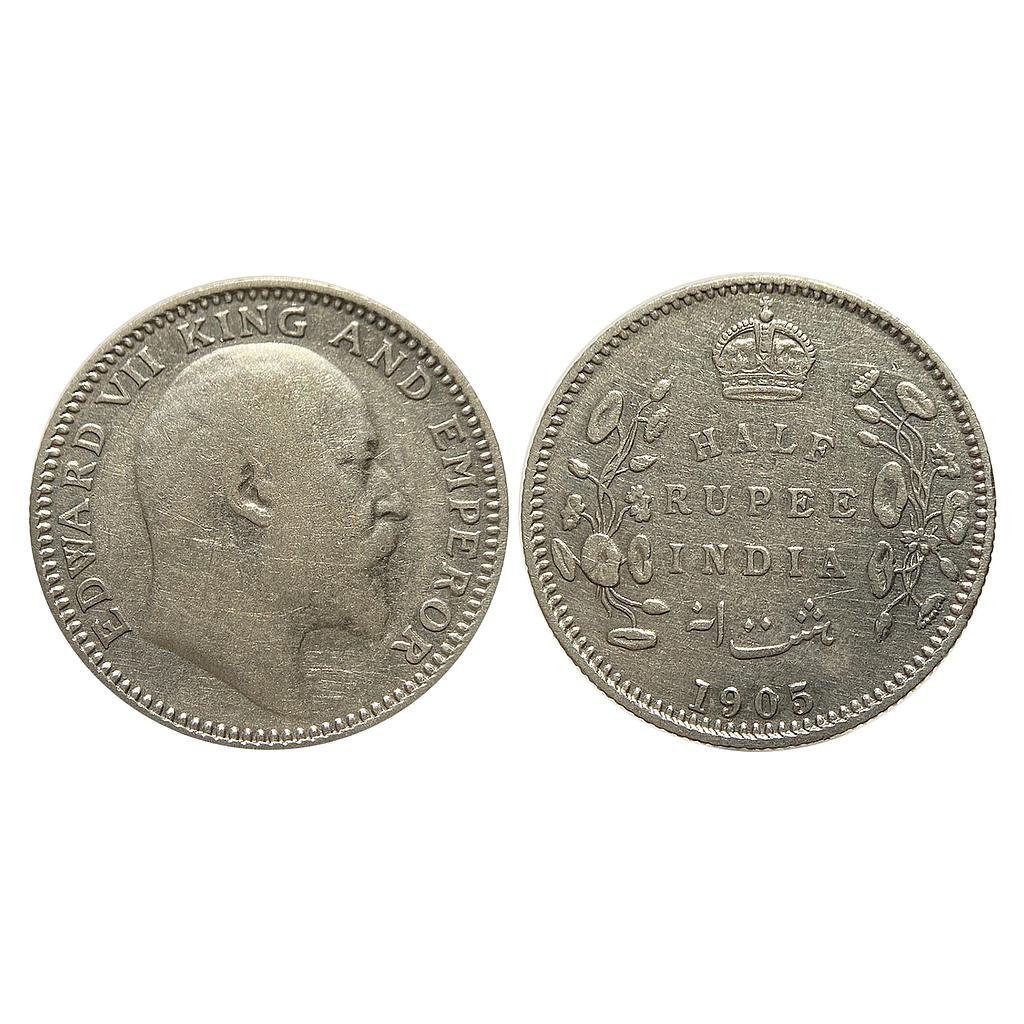 British India Edward VII 1905 AD Calcutta Mint Silver 1/2 Rupee