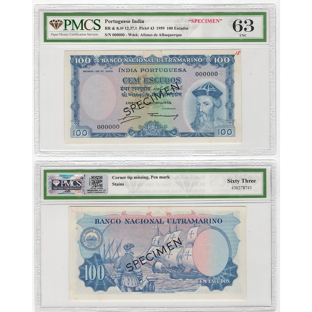 Portuguese India 'SPECIMEN' 100 Escudos Afonso de Albuquerque
