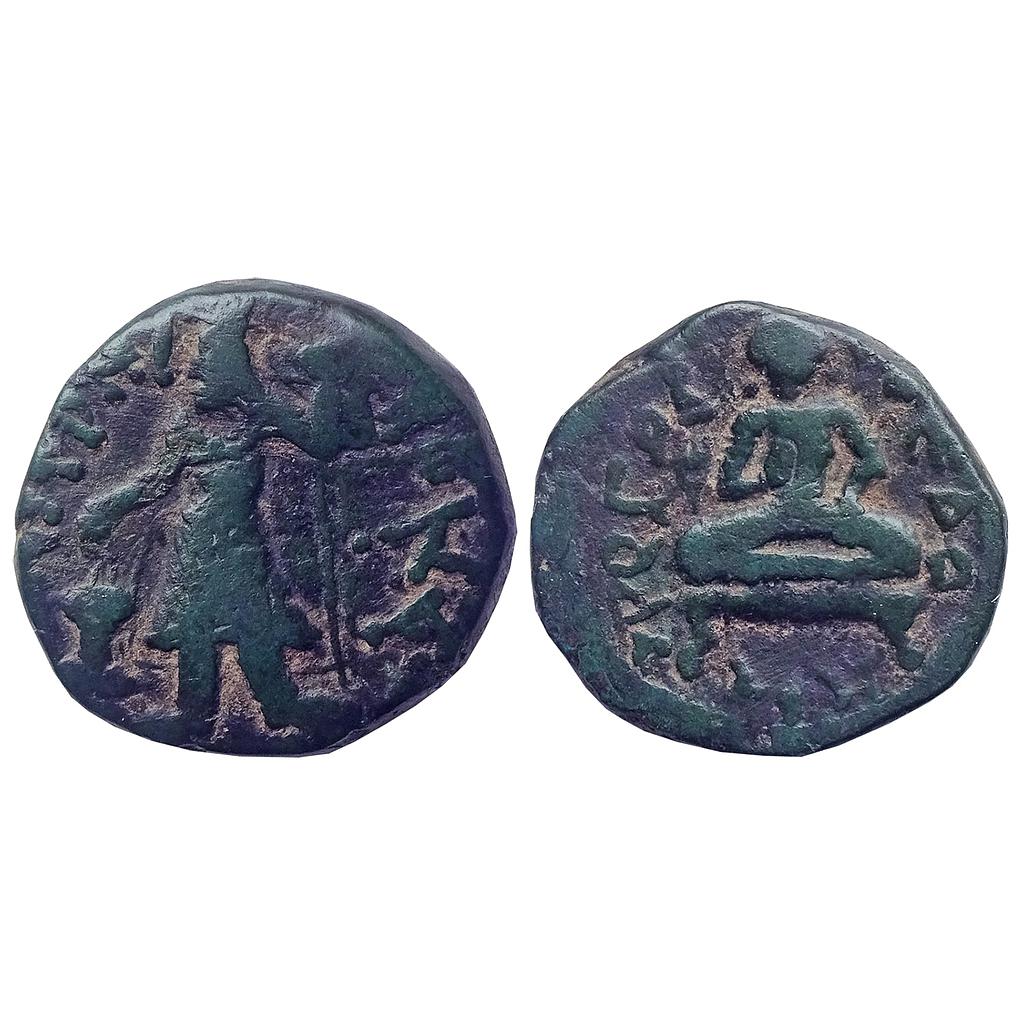 Ancient Kushans seated Buddha Abhayamudra Type Kanishka I Copper Tetradrachm