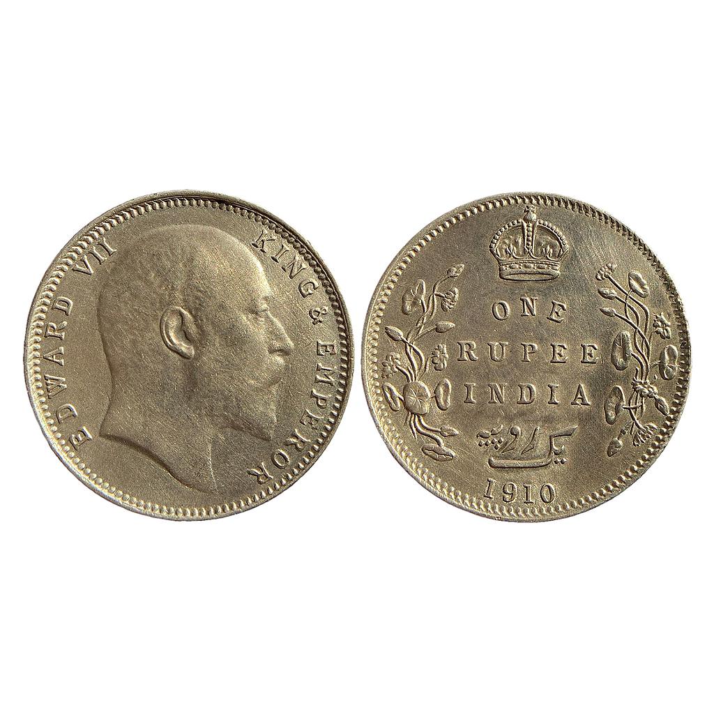 British India Edward VII 1910 AD B incuse with dot on the vine and 10 over 09 in date old used dies of 1909 were used to strike coins of 1910 by re-dating the last two numerals Bombay Mint Silver Rupee