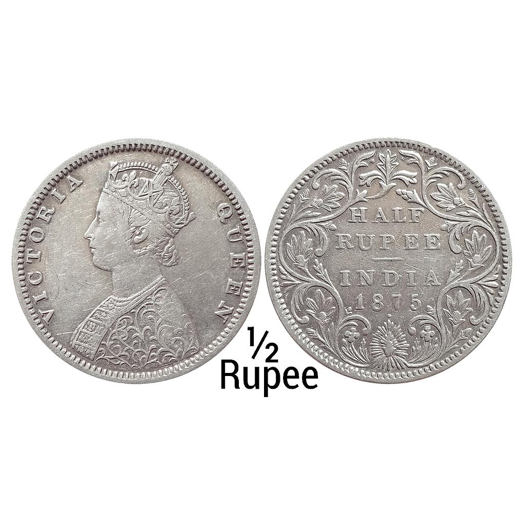 British India Victoria Queen 1875 AD Obv. B1 Rev. II dot Bombay Mint Silver 1/2 Rupee
