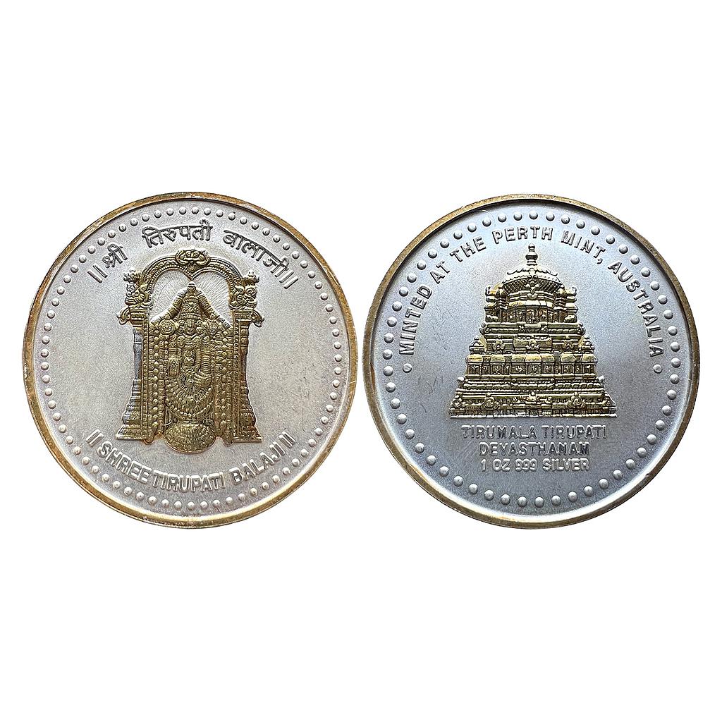 Shree Tirupati Balaji Minted At Perth Mint Australia Tirumala Tirupati Devasthanam Gold Plated Silver Coin 1 OZ (999)