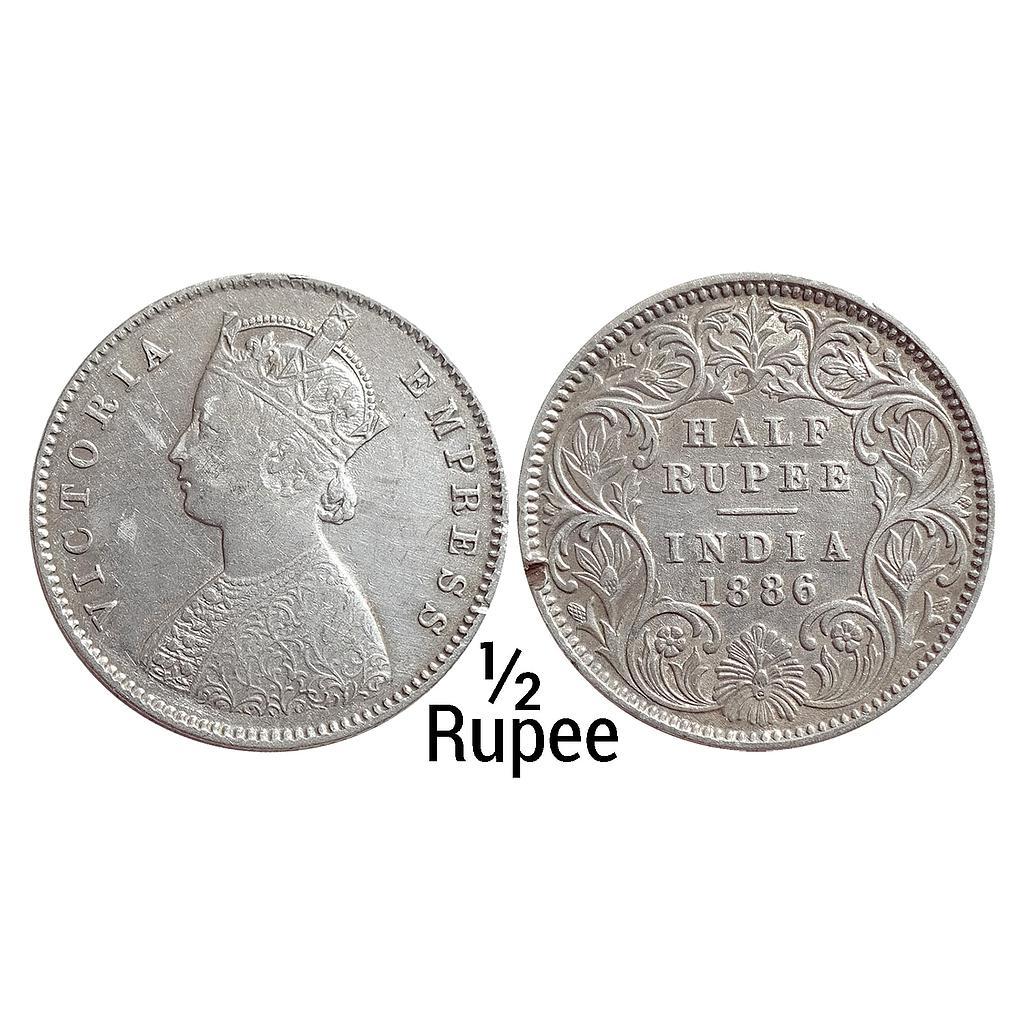 British India Victoria Empress 1886 AD Obv. A Rev. I &quot;C&quot; incuse Calcutta Mint Silver 1/2 Rupee