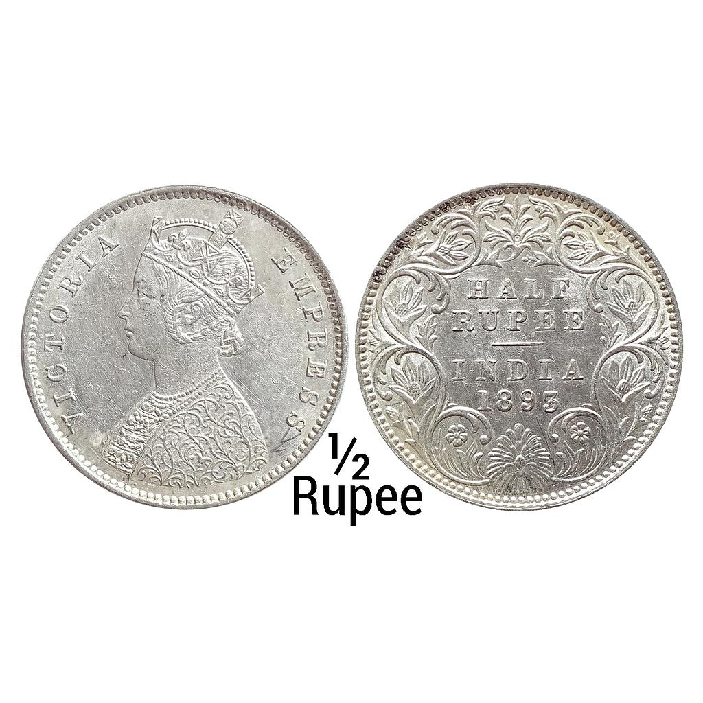 British India Victoria Empress 1893 AD Obv. A Rev. I &quot;C&quot; incuse Calcutta Mint Silver 1/2 Rupee