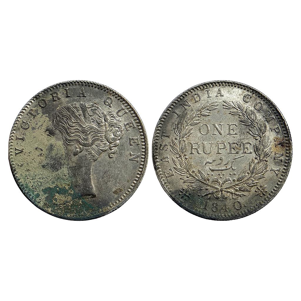 EIC Victoria Queen 1840 AD continuous legend English Head No privy Mark 19 Berries Bombay Mint Silver Rupee