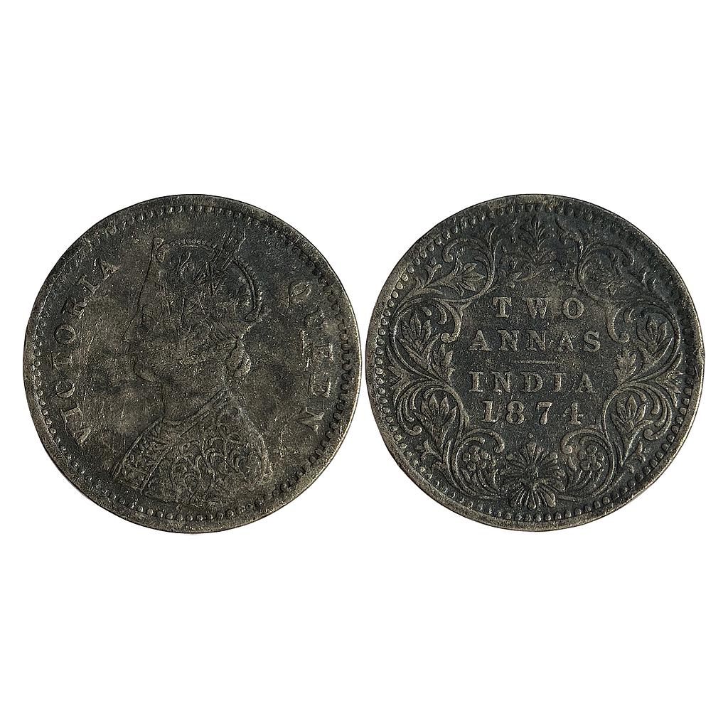 British India Victoria Queen 1874 AD Obv. A Rev. I dot Bombay Mint Silver 2 Annas