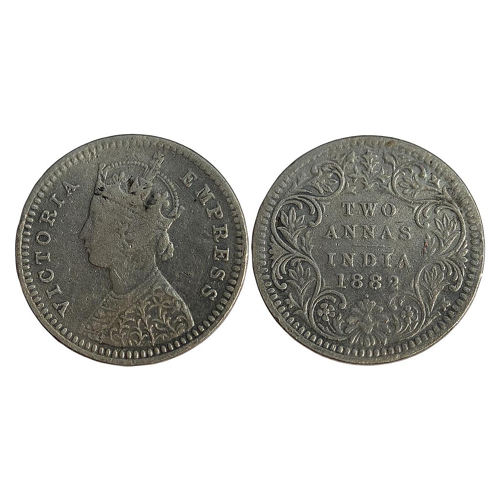 British India, Victoria Empress 1882 AD Obv. B Rev. II dot Bombay Mint Silver 2 Annas