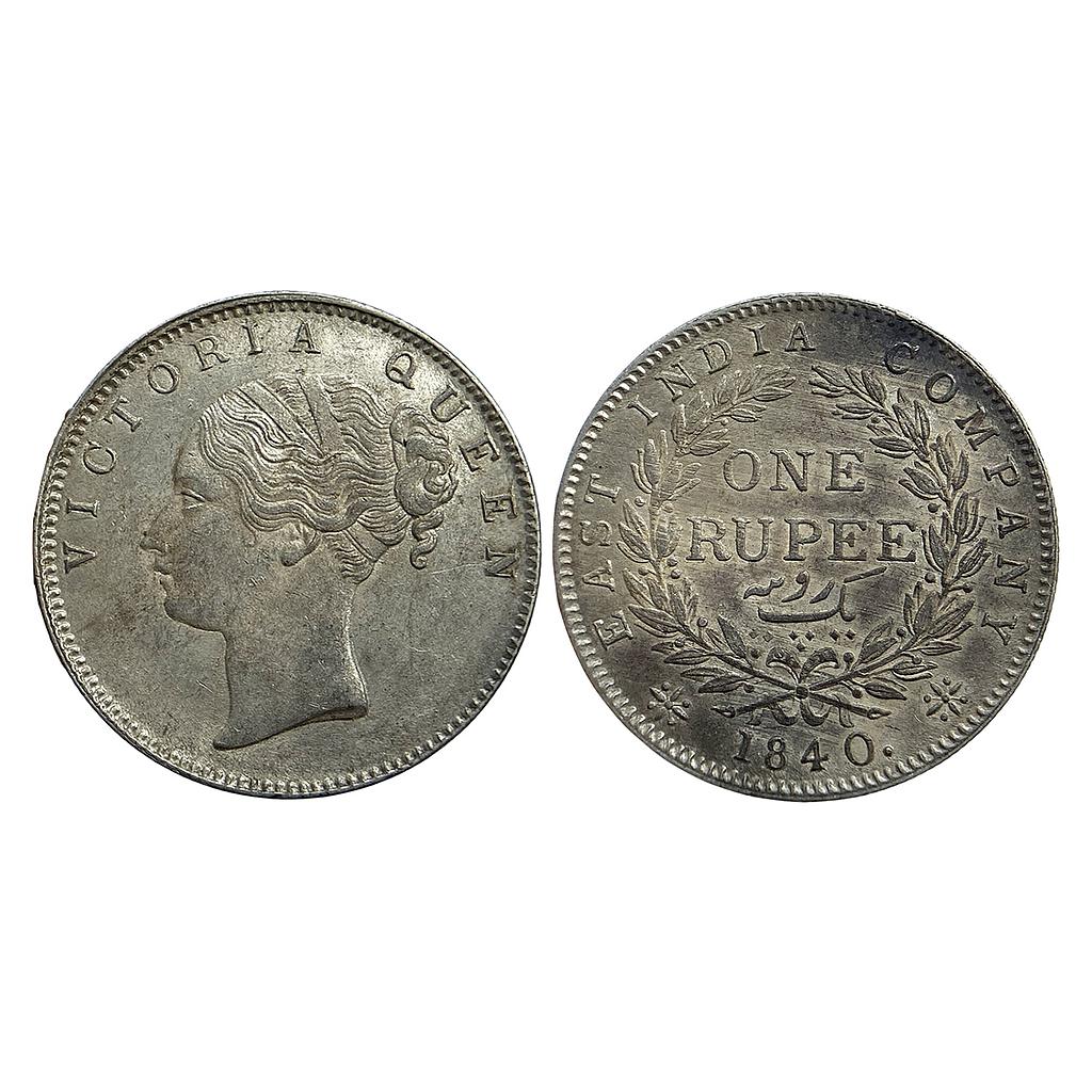 EIC Victoria Queen 1840 AD continuous legend English Head No privy Mark 19 Berries Bombay Mint Silver Rupee