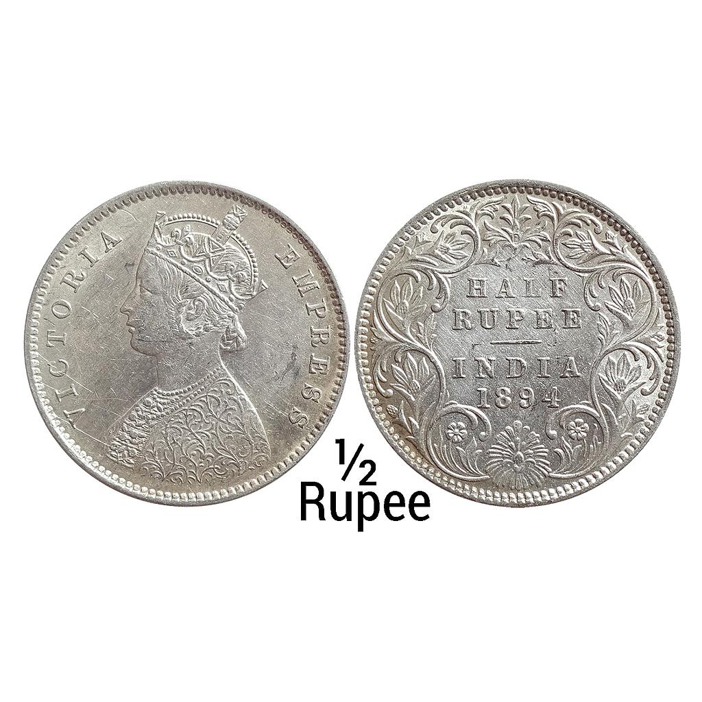 British India Victoria Empress 1894 AD Obv. A Rev. I B incuse Bombay Mint Silver 1/2 Rupee