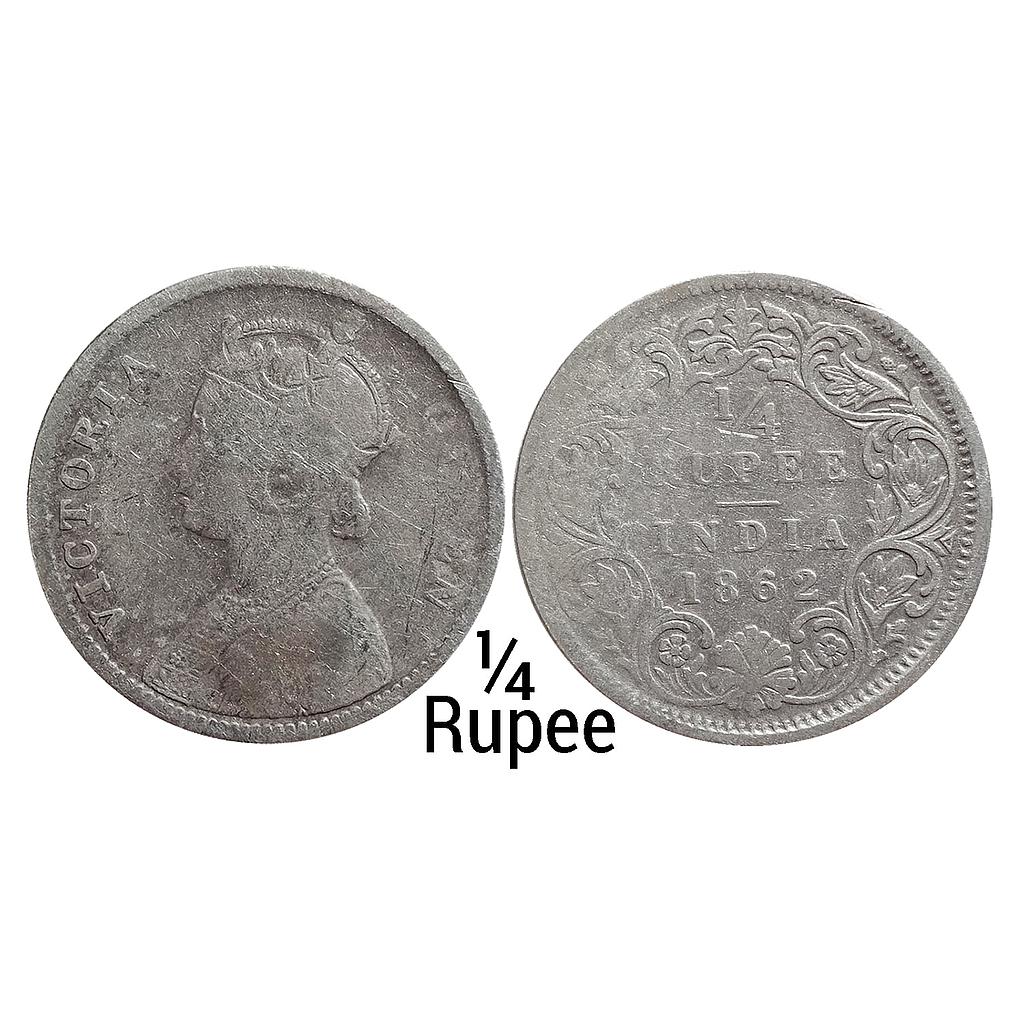 British India Victoria Queen 1862 AD Obv. A Rev. I No mint mark Calcutta Mint Silver 1/4 Rupee