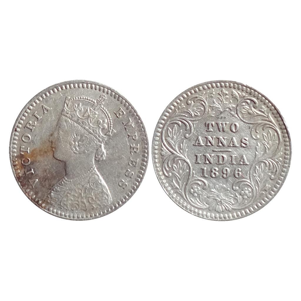 British India Victoria Empress 1896 AD Obv. B Rev. II &quot;C&quot; incuse Calcutta Mint Silver 2 Annas