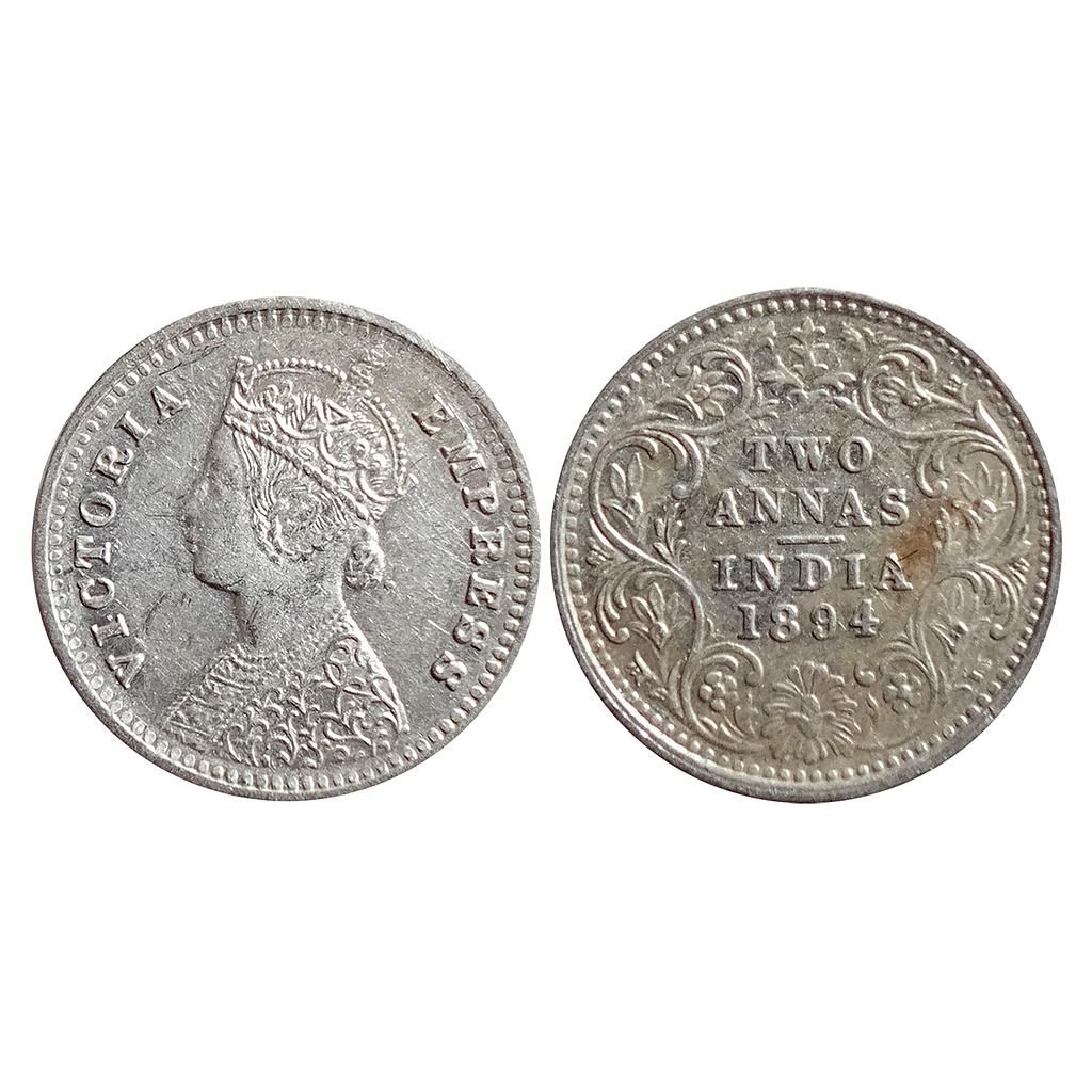 British India Victoria Empress 1894 AD Obv. B Rev. II B incuse Bombay Mint Silver 2 Annas