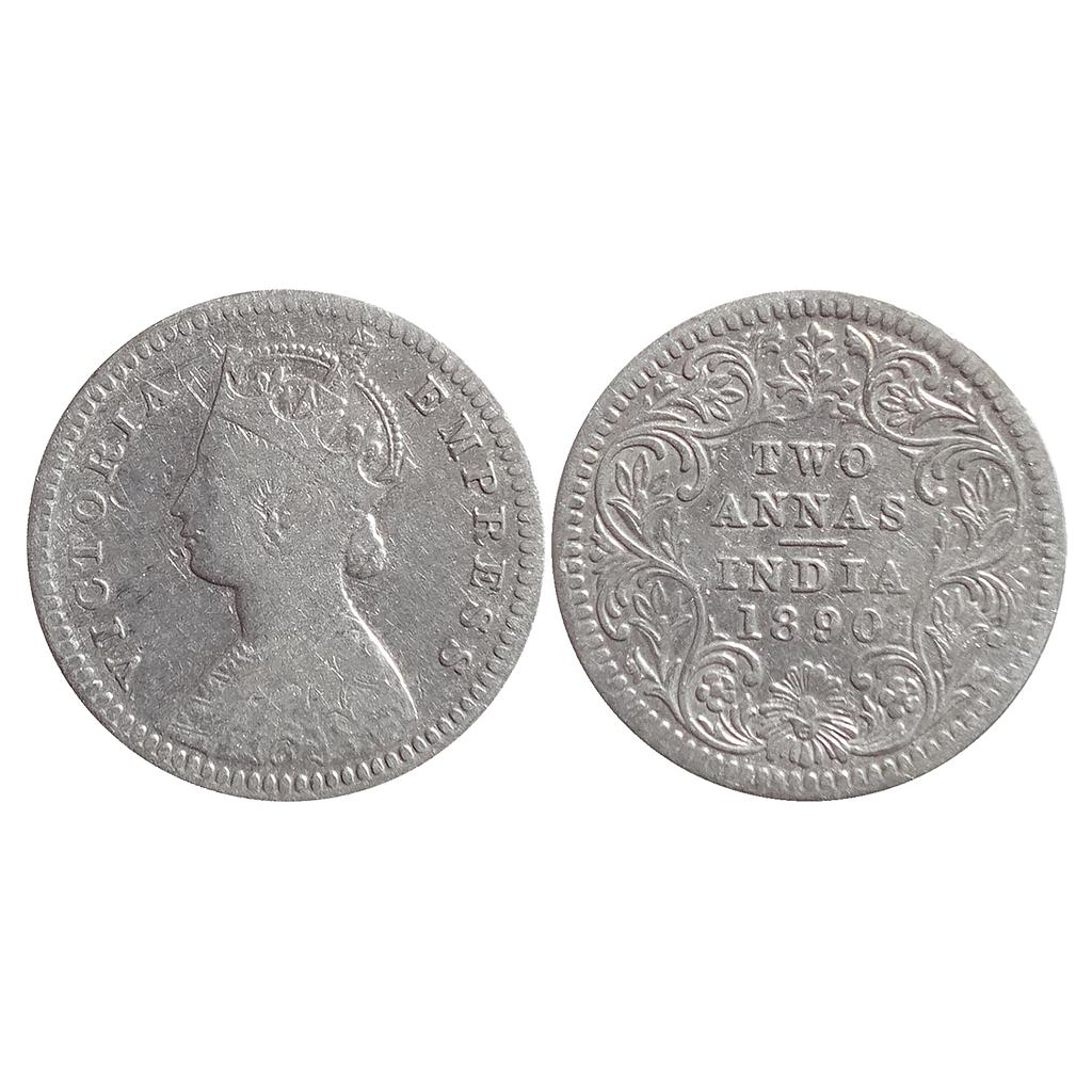 British India Victoria Empress 1890 AD Obv. B Rev. II No mint mark Calcutta Mint Silver 2 Annas