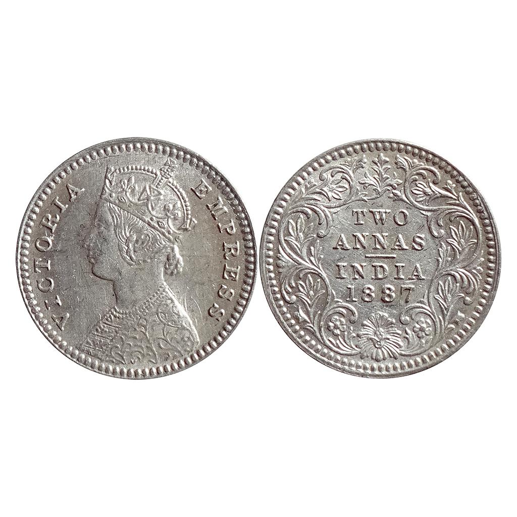 British India Victoria Empress 1887 AD Obv. B Rev. II C incuse Calcutta Mint Silver 2 Annas